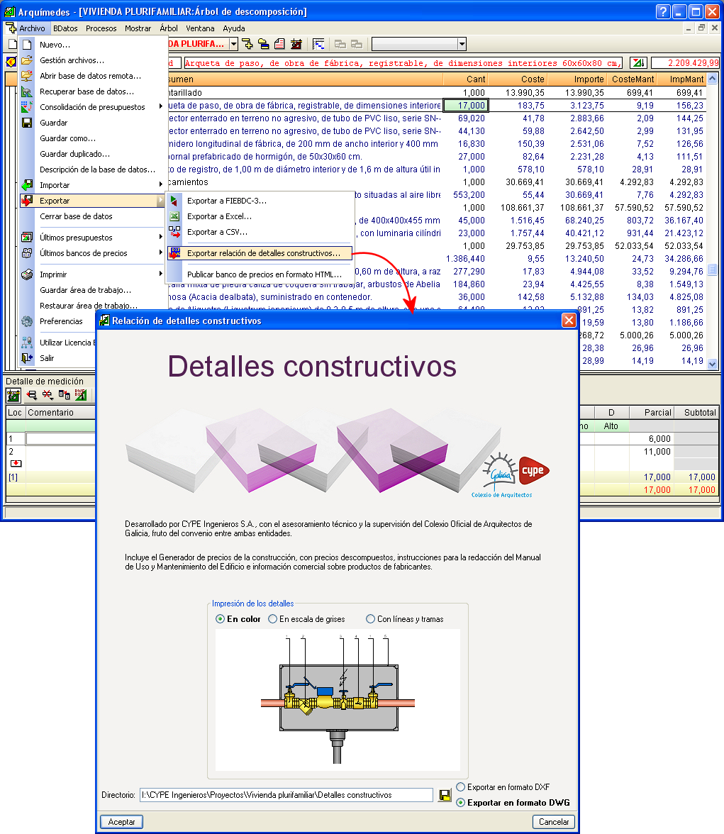 Exportación de detalles constructivos a DXF y DWG desde Arquímedes